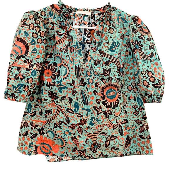 Ulla Johnson Top Jade Imari Dress Blouse Floral Blue Green Short Puff Sleeve 6 M - Picture 3 of 8